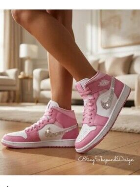 Women's Pink Air Jordan 1 Mid Shoes Customized With Clear Crystals Bling Nikes